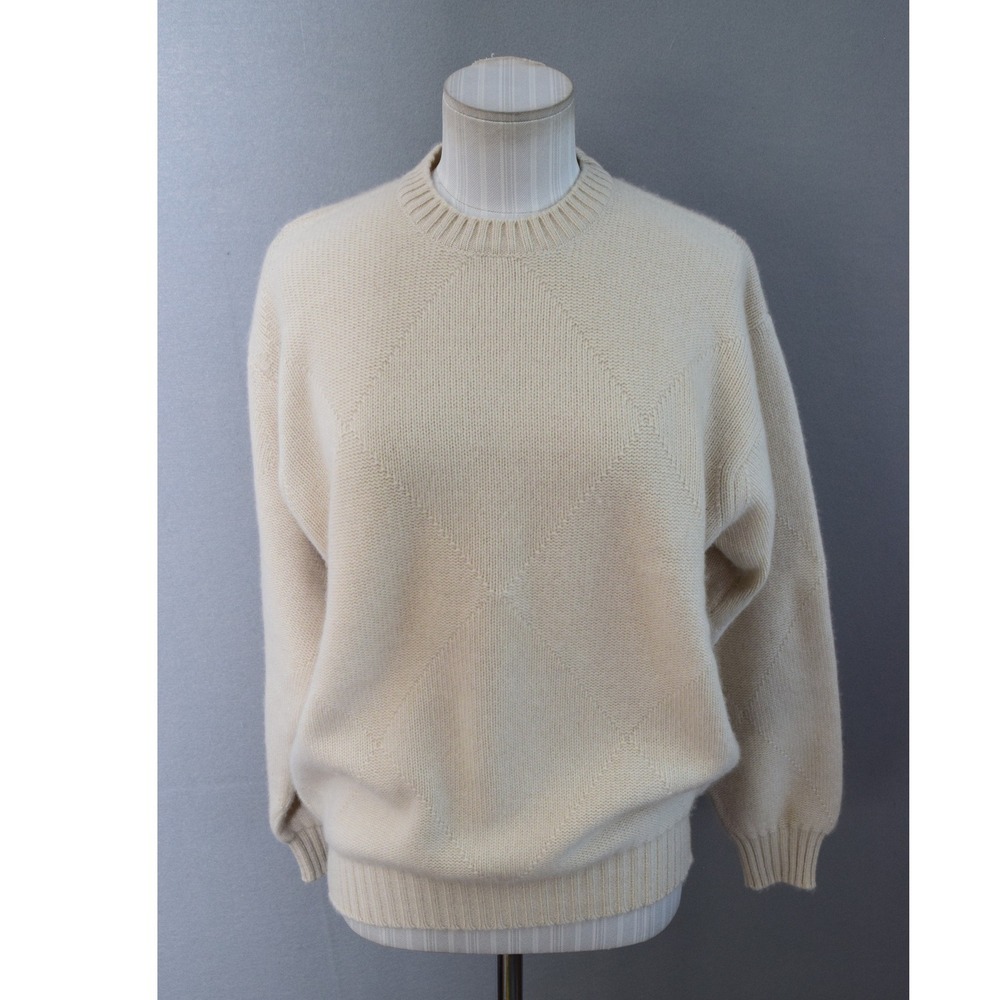 Les Copains Sweater 48 Cream 100% Cashmere Diamond Knit Mens Barneys New York